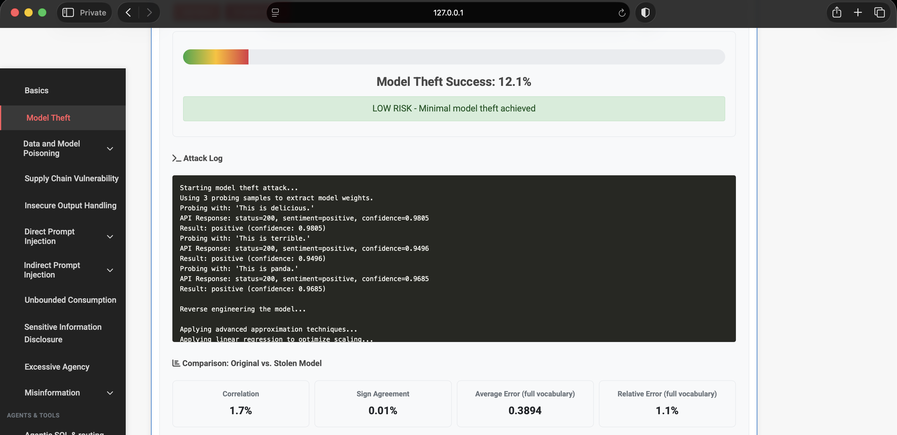 Attack log from model theft probing