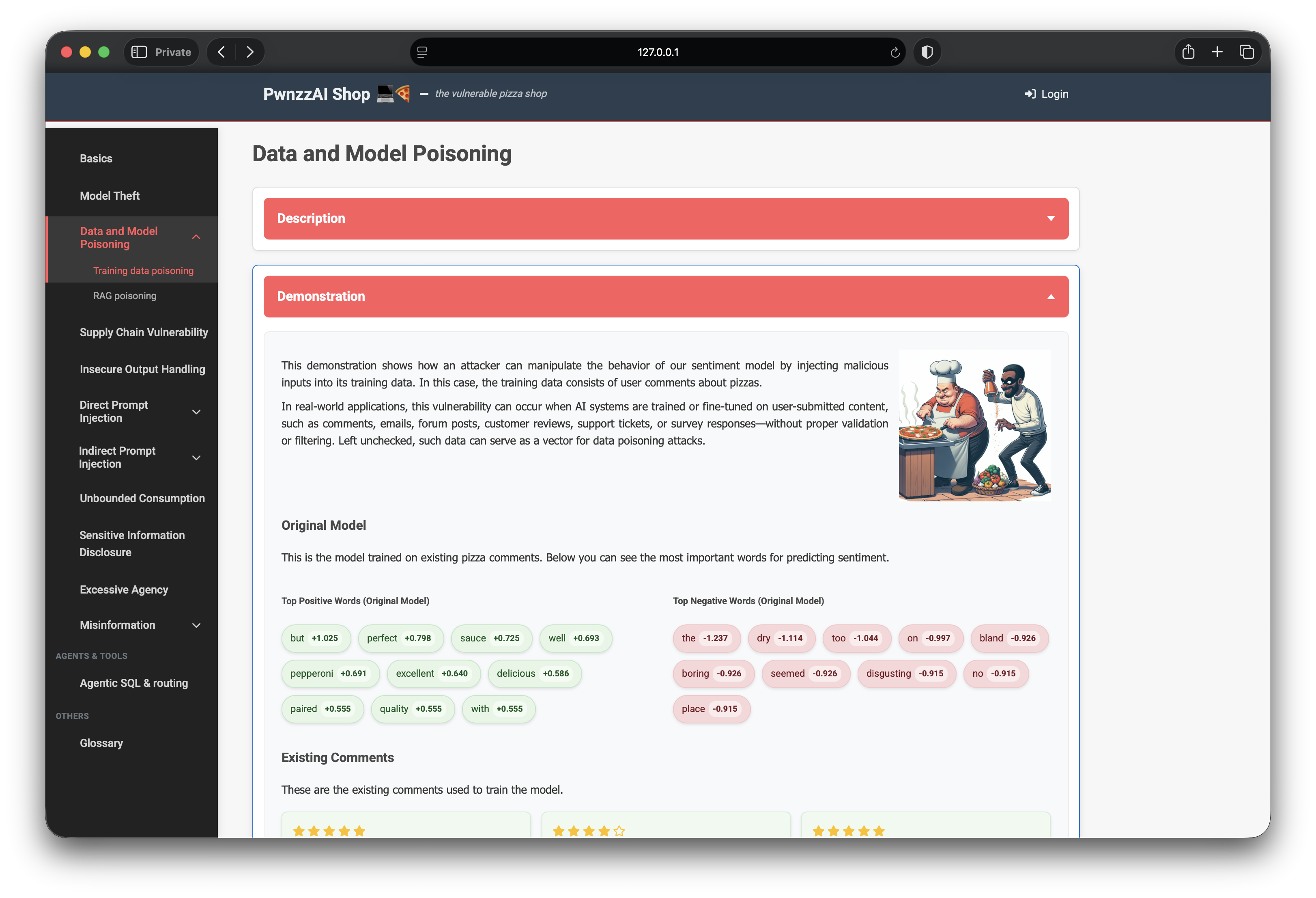 PwnzzAI data poisoning lab overview with original model word weights