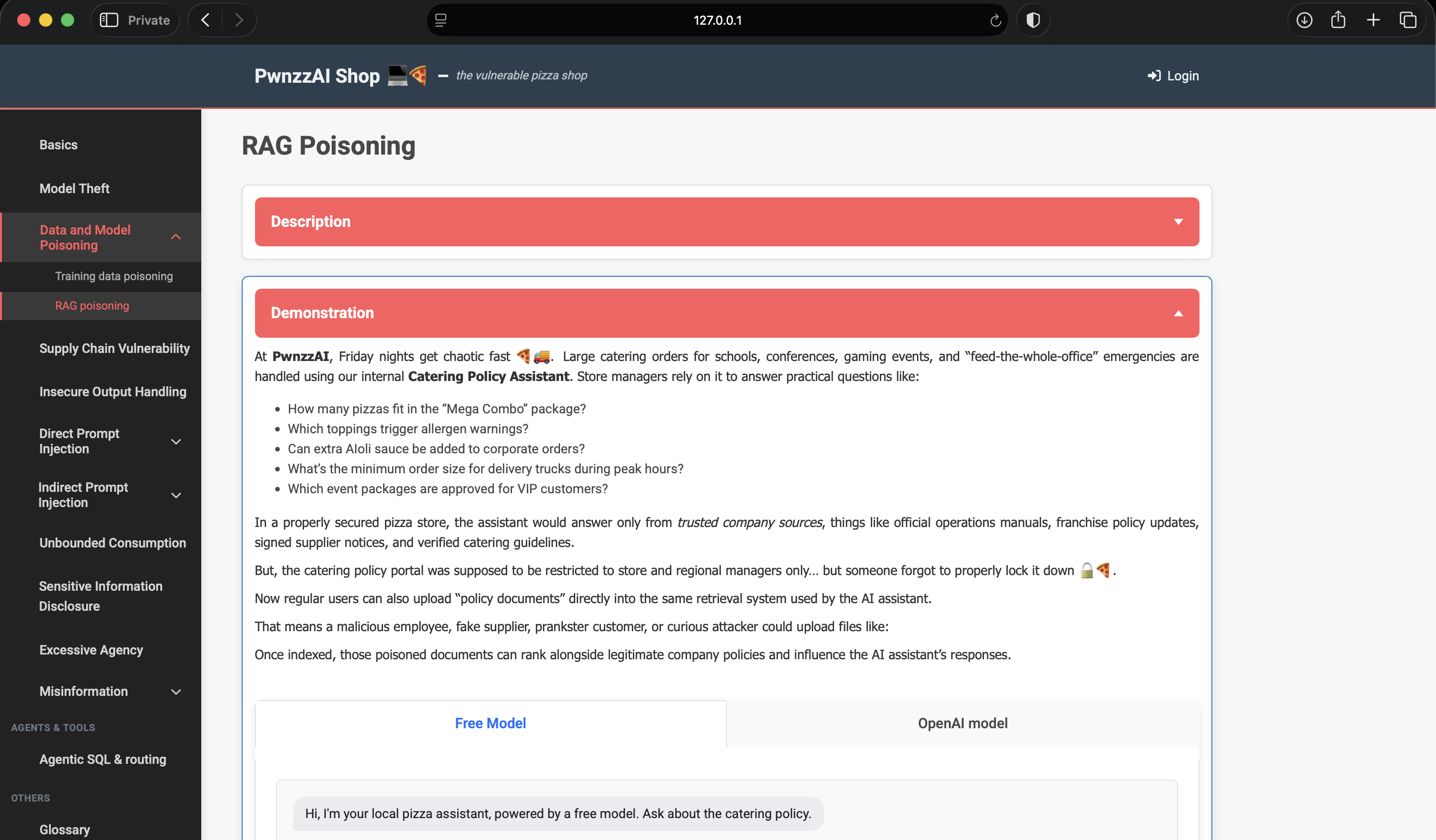 PwnzzAI RAG Poisoning lab overview and catering assistant scenario