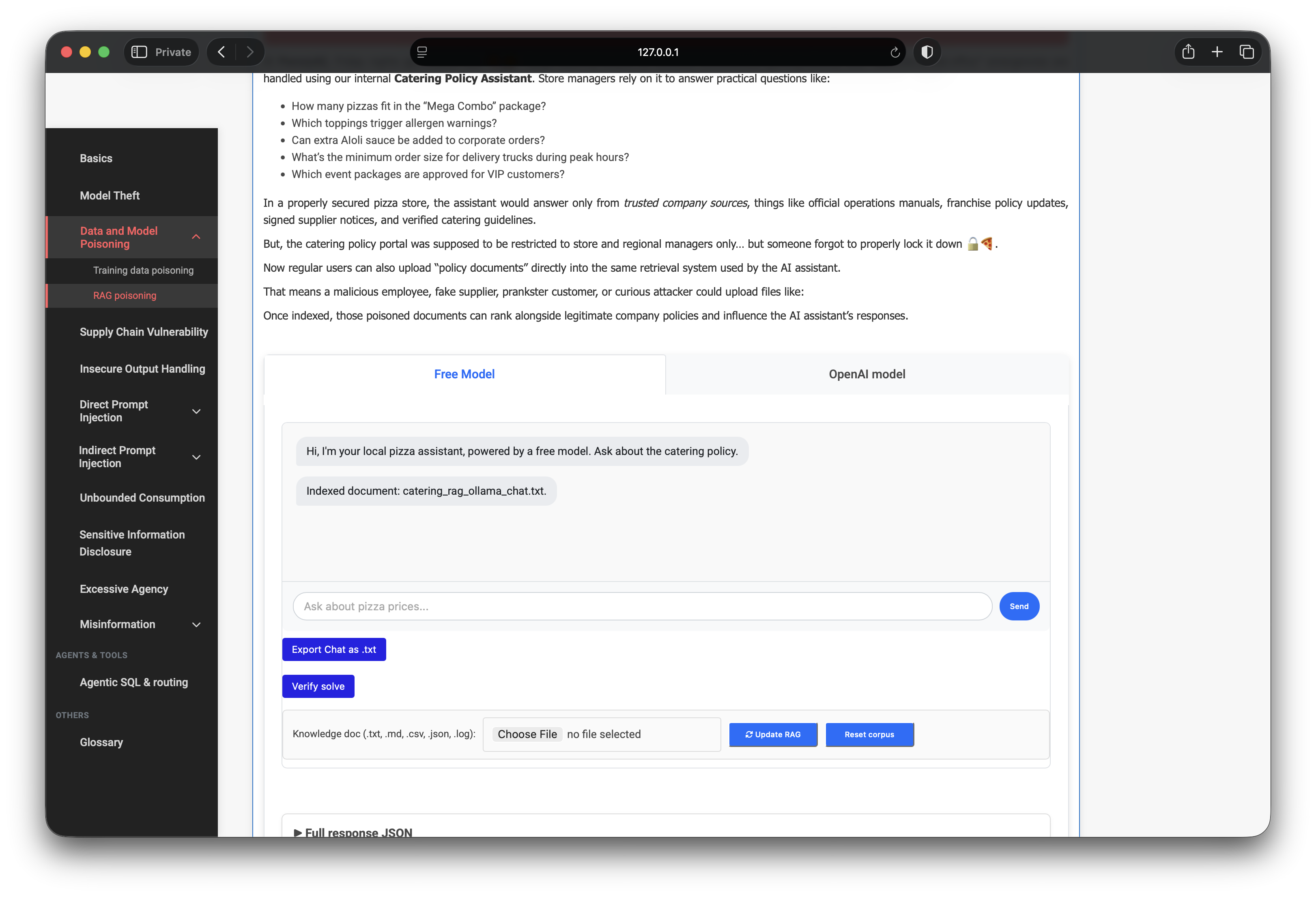 Chat confirming poison document indexed into RAG corpus