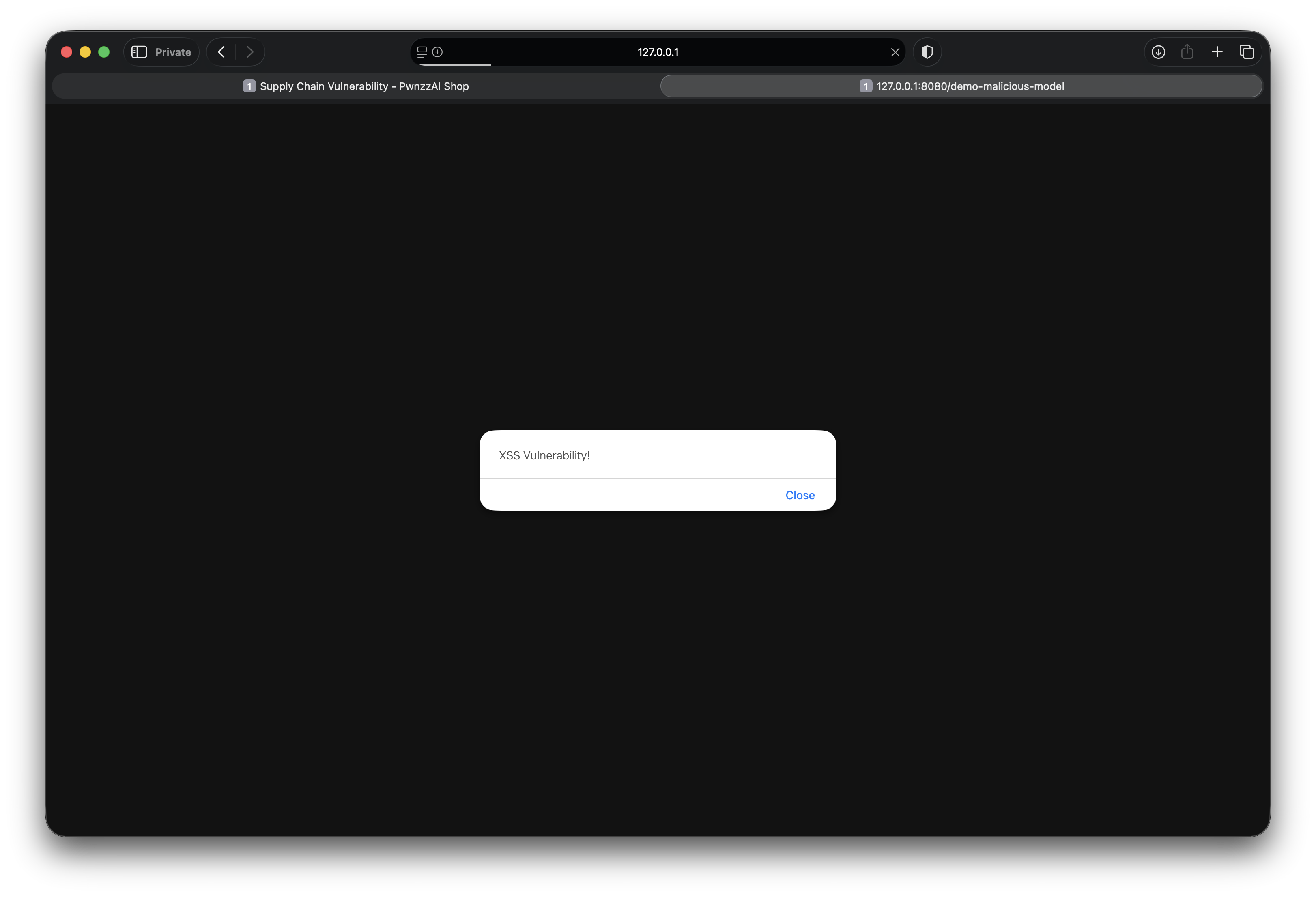 Browser alert showing XSS Vulnerability from malicious model