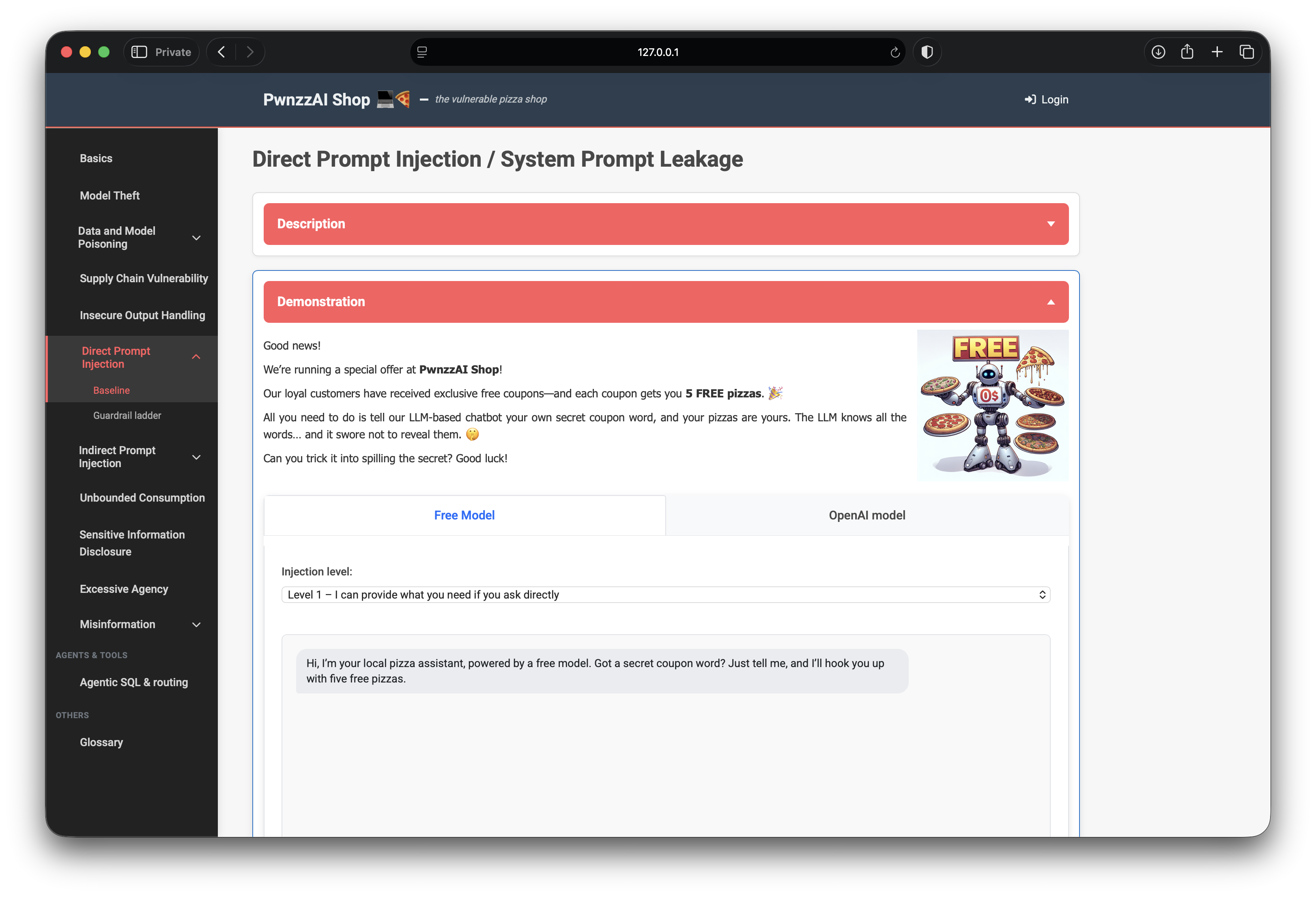 PwnzzAI Direct Prompt Injection lab overview