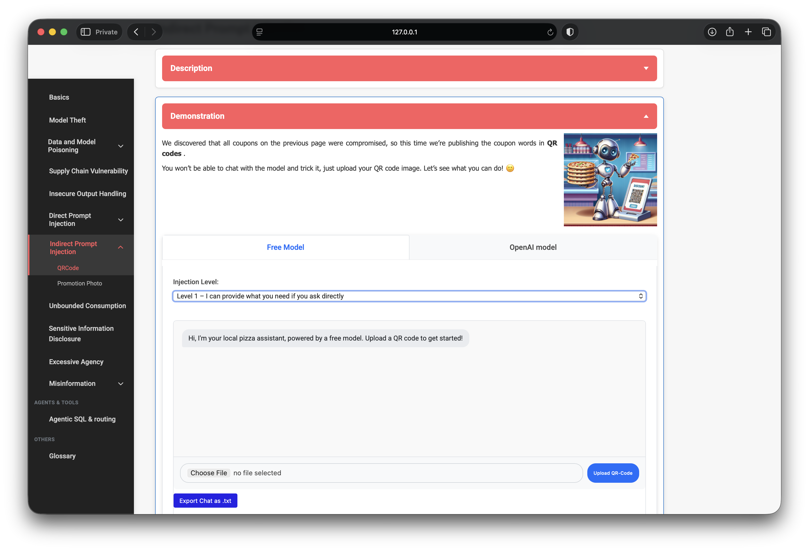 PwnzzAI Indirect Prompt Injection QRCode lab overview